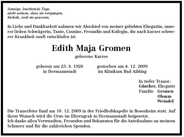 Karres Edith Maja 1928-2009 Todesanzeige